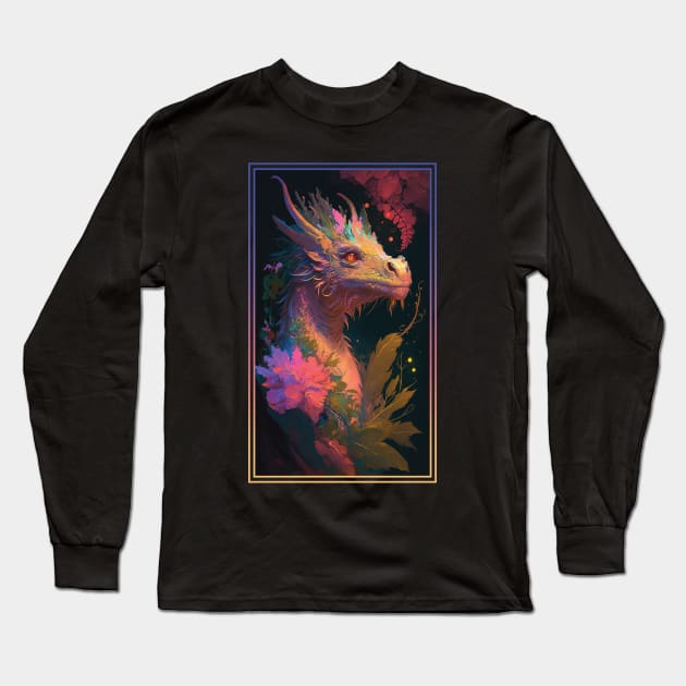 Dragon Vibrant Tropical Flower Tall Digital Oil Painting Portrait Long Sleeve T-Shirt by ArtHouseFlunky